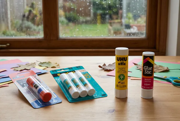 Four glue stick picks arranged on a craft table beside a rain-speckled window