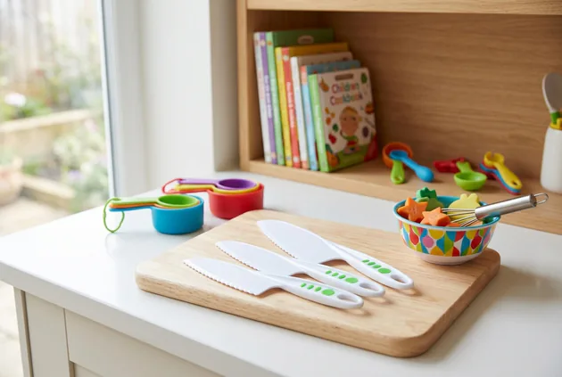 Unbranded kids kitchen tools with nylon knives, a glove, a finger guard, and cut fruit on a counter