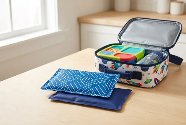 Two soft lunch-box ice packs, one patterned and one plain navy, on a wooden table beside an open insulated lunch box holding a bento container and a drink bottle