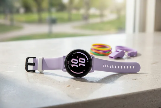 Light purple Garmin kids' smartwatch on a stone countertop beside rainbow hair ties and a whistle, with a park blurred behind